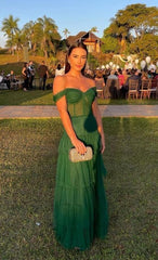 Pretty A line Off The Shoulder Tulle Ruffles Layers Long Green Prom Dresses Formal Evening Dress HZ1024