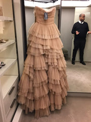 Gorgeous Ball Gown Strapless Tulle Champagne Layers Long Prom Dresses Formal Evening Dress HZ1024
