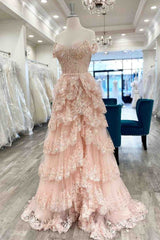 Gorgeous A line Off The Shoulder Layers Light Pink Lace Slit Prom Dresses Formal Evening Dress HZ1024