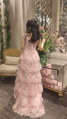 Gorgeous A line Off The Shoulder Layers Light Pink Lace Slit Prom Dresses Formal Evening Dress HZ1024