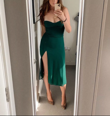 Elegant Sheath Spaghetti Straps Satin Green Slit Prom Dresses Evening Dress HZ1024