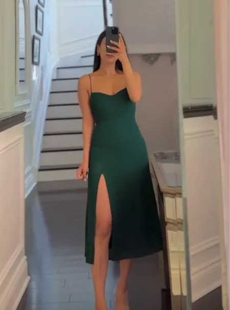 Elegant Sheath Spaghetti Straps Satin Green Slit Prom Dresses Evening Dress HZ1024