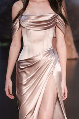 Elegant Sheath Off The Shoulder Satin Champagne Slit Prom Dresses Evening Dress HZ1024