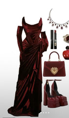 Elegant Mermaid Strapless Burgundy Satin Ruffles Slit Prom Dresses Evening Dress HZ1024