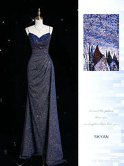 Elegant Mermaid Spaghetti Straps Navy Blue Sequin Ruffles Prom Dresses Evening Dress HZ1024