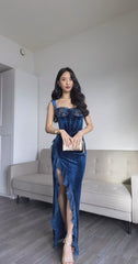 Elegant Sheath Straps Lace Ruffles Velvet Navy Blue Slit Prom Dresses Evening Dress HZ1024