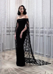Elegant Mermaid Off The Shoulder Black Prom Dresses With Cape Evening Dress HZ1024