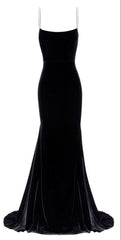 Elegant Mermaid Spaghetti Straps Velvet Black Prom Dresses Long Evening Dress HZ1024