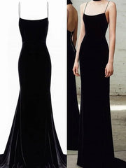 Elegant Mermaid Spaghetti Straps Velvet Black Prom Dresses Long Evening Dress HZ1024