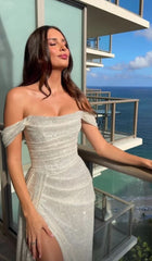 Elegant Sheath Off The Shoulder Sequin Silver Slit Prom Dresses Evening Dress With Split HZ1024