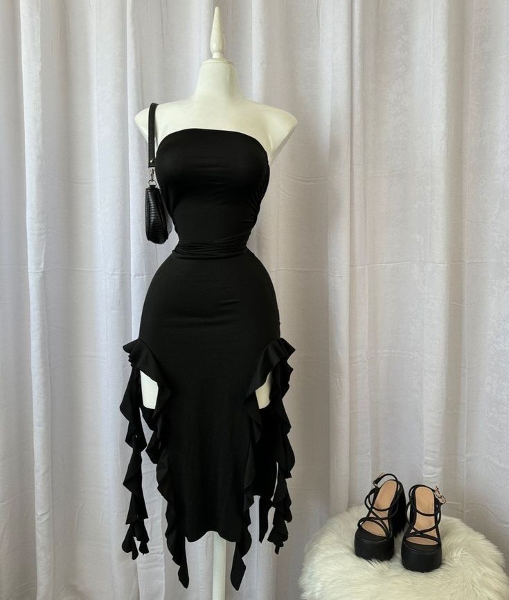Elegant Sheath Strapless Black Chiffon Prom Dresses Ruffles Evening Dress HZ1024
