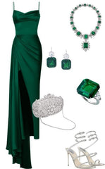 Elegant Sheath Spaghetti Straps Green Slit Long Prom Dresses Evening Dress HZ1024