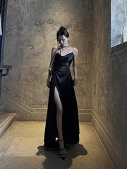 Pretty Sheath Spaghetti Straps Slit Black Long Prom Dresses Evening Dress HZ1024