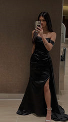 Pretty Sheath Off The Shoulder Slit Black Satin Prom Dresses Evening Dress HZ1024