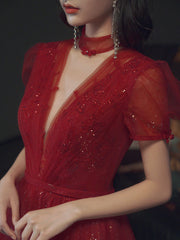Burgundy tulle sequin long prom dress, burgundy evening dress