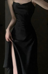 Elegant Sheath Spaghetti Straps Black Slit Prom Dresses Evening Dress HZ1024