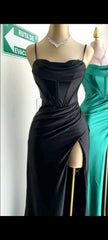 Elegant Sheath Spaghetti Straps Black Slit Long Prom Dresses Evening Dress HZ1024