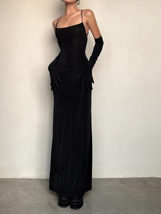 Sexy Sheath Spaghetti Straps Black Long Prom Dresses Evening Dress With Gloves HZ1024