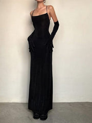 Sexy Sheath Spaghetti Straps Black Long Prom Dresses Evening Dress With Gloves HZ1024