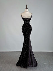 Sexy Mermaid Spaghetti Straps Black Sequin Long Prom Dresses Evening Dress With Slit HZ1024