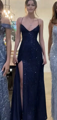 Pretty Sheath Spaghetti Straps Slit Navy Blue Sequin Prom Dresses Evening Dress HZ1024