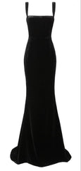Sexy Mermaid Straps Black Velvet Long Prom Dresses Evening Dress HZ1024