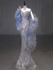 Sexy Mermaid Strapless Sequin Long Silver Prom Dresses Evening Dress With Feather HZ1024