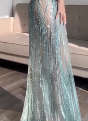 Pretty Mermaid Spaghetti Straps Sequin Green Long Prom Dresses Evening Dress HZ1024
