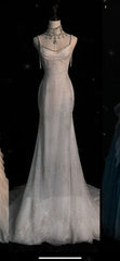 Sexy Mermaid Spaghetti Straps Sequin Long Silver Prom Dresses Evening Dress HZ1024