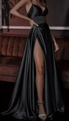 Pretty A line Spaghetti Straps Black Satin Slit Long Prom Dresses Evening Dress HZ1024