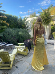 Modest Sheath Spaghetti Straps Yellow Satin Long Prom Dresses Evening Dress HZ1024