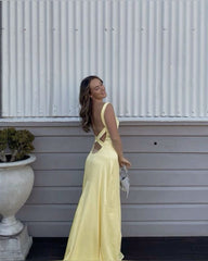Modest Sheath Spaghetti Straps Yellow Satin Long Prom Dresses Evening Dress HZ1024