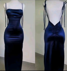 Modest Sheath Spaghetti Straps Navy Blue Satin Prom Dresses Evening Dress HZ1024