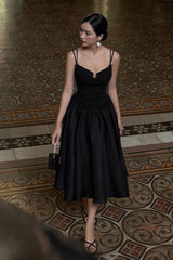 Modest A Line Spaghetti Straps Sleeveless Black Satin Prom Dresses Evening Dress HZ1024