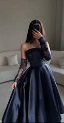 Modest Ball Gown Navy Blue Strapless With Long Sleeves Prom Dresses Long Evening Dress HZ1024