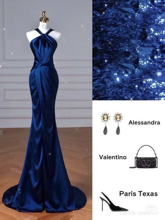 Modest Mermaid Halter Navy Blue Fold Satin Prom Dresses Long Evening Dress HZ1024