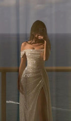 Elegant Sheath Off The Shoulder White Slit Sequin Prom Dresses Long Evening Dress HZ1024