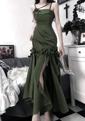 Elegant Sheath Straps Sleeveless Olive Green Satin Slit Prom Dresses Long Evening Dress HZ1024