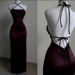 Elegant Sheath Halter Sleeveless Burgundy Satin Backless Prom Dresses Long Evening Dress HZ1024