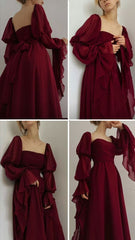 Elegant A Line Square Neckline Burgundy Chiffon Prom Dresses Long Sleeves Evening Dress HZ1024