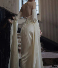 Cute A line Off The Shoulder Long Sleeves Ivory Prom Dresses Long Evening Dress HZ1024