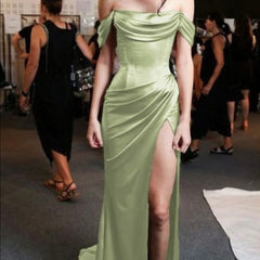 Elegant Sheath Off The Shoulder Mint Green Slit Prom Dresses With Ruffle Long Evening Dress HZ1024