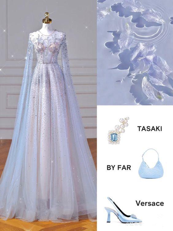 Elegant A line Jewel Sequin Prom Dresses With Beads Long Evening Dress HZ1024