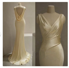 Pretty Mermaid V Neckline Yellow Satin Prom Dresses With Ruffle Long Evening Dress HZ1024