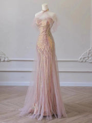 Pretty Mermaid Sweetheart Pink Sequin Prom Dresses With Ruffle Long Evening Dress HZ1024