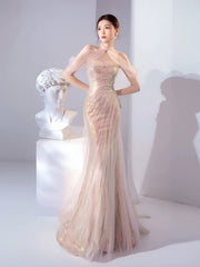 Pretty Mermaid Sweetheart Pink Sequin Prom Dresses With Ruffle Long Evening Dress HZ1024