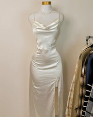 Pretty A Line Spaghetti Straps Ivory Slit Silk Satin Prom Dresses Long Evening Dress HZ1024