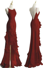 Pretty Sheath Boat Sleeveless Burgundy Long Chiffon Prom Dresses Evening Dress HZ1024
