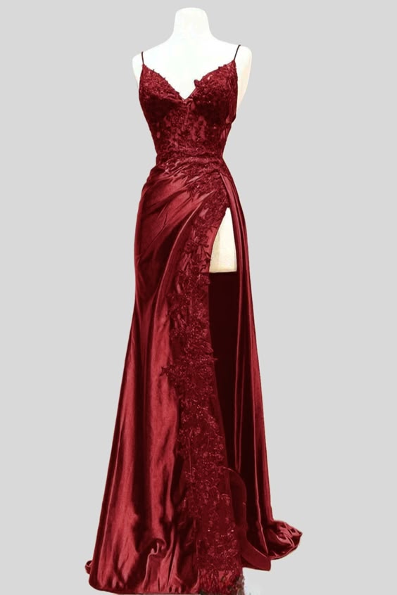Pretty Sheath Straps Sleeveless Burgundy Long Slit Slit Prom Dresses Evening Dress With Lace HZ1024