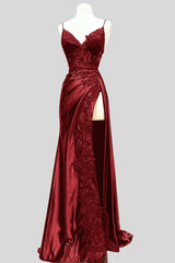 Pretty Sheath Straps Sleeveless Burgundy Long Slit Slit Prom Dresses Evening Dress With Lace HZ1024